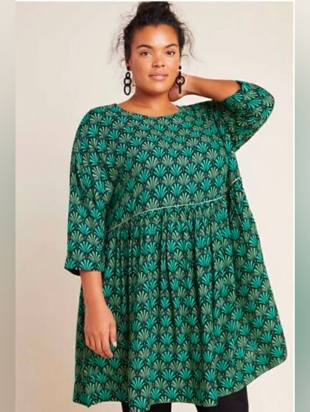 Anthropologie Green Patterned Three-Quarter Sleeve A-Line Dress - Picture 4 of 9